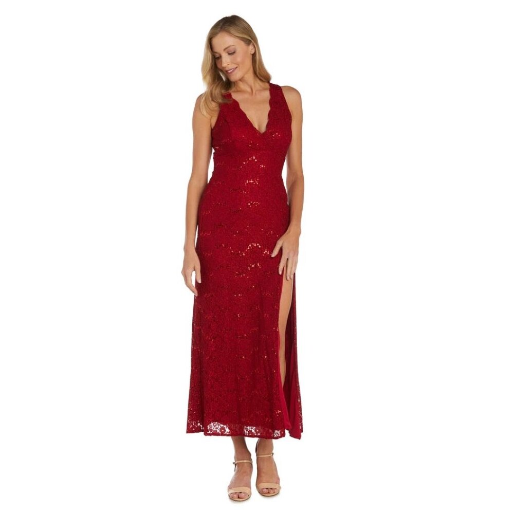Nightway Women's Long Glitter Lace W Scalloyped V Front Deep Red Size 4